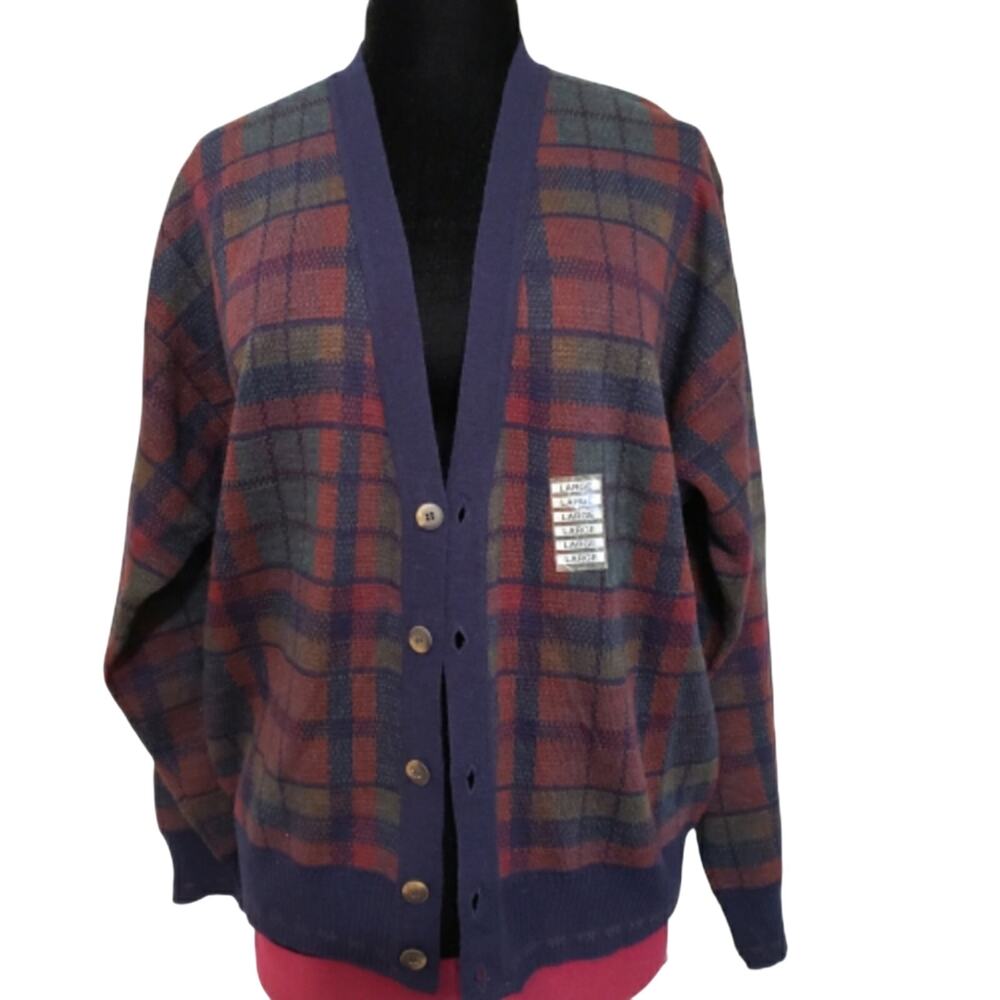 The Italian Sweater Co. Wool Blend Blue Red Green Button Cardigan Sweater Large